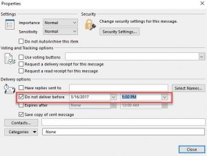 how to delay delivery in outlook 2016